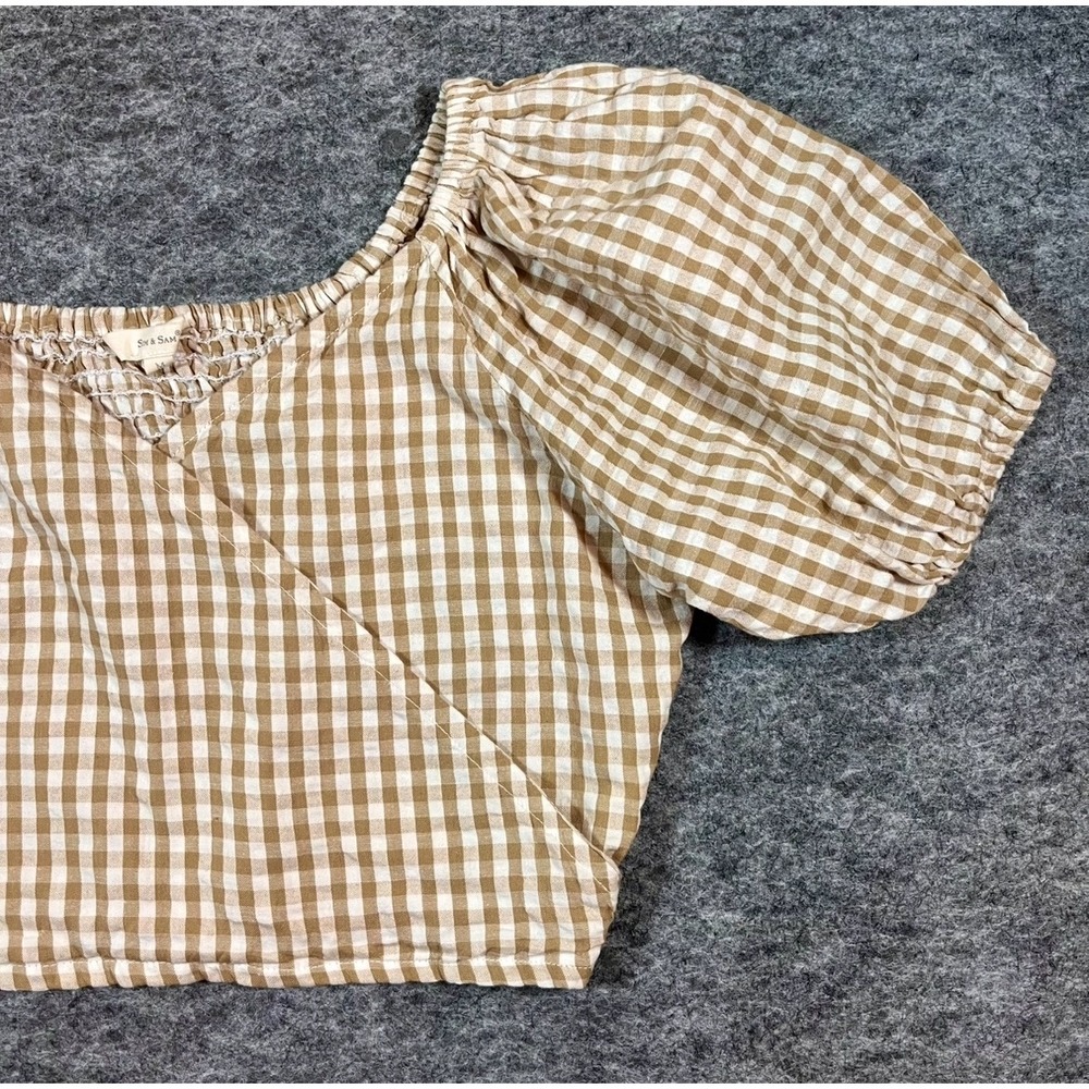 Sim & Sam Crop Top Womens M Tan Gingham Smocked Boho Puff Sleeve Cottagecore - Picture 2 of 10
